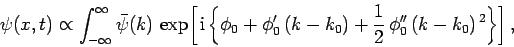 \begin{displaymath}
\psi(x,t)\propto \int_{-\infty}^{\infty} \bar{\psi}(k) 
\e...
...(k-k_0) + \frac{1}{2} \phi_0'' (k-k_0)^{ 2}\right\}\right],
\end{displaymath}